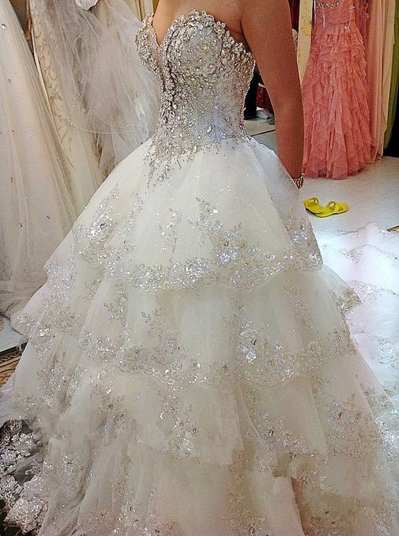 Luxury Ball Gown Fluffy Wedding Dresses Plus Size Tulle Lace Crystal Diamond Wedding Gowns fg4424