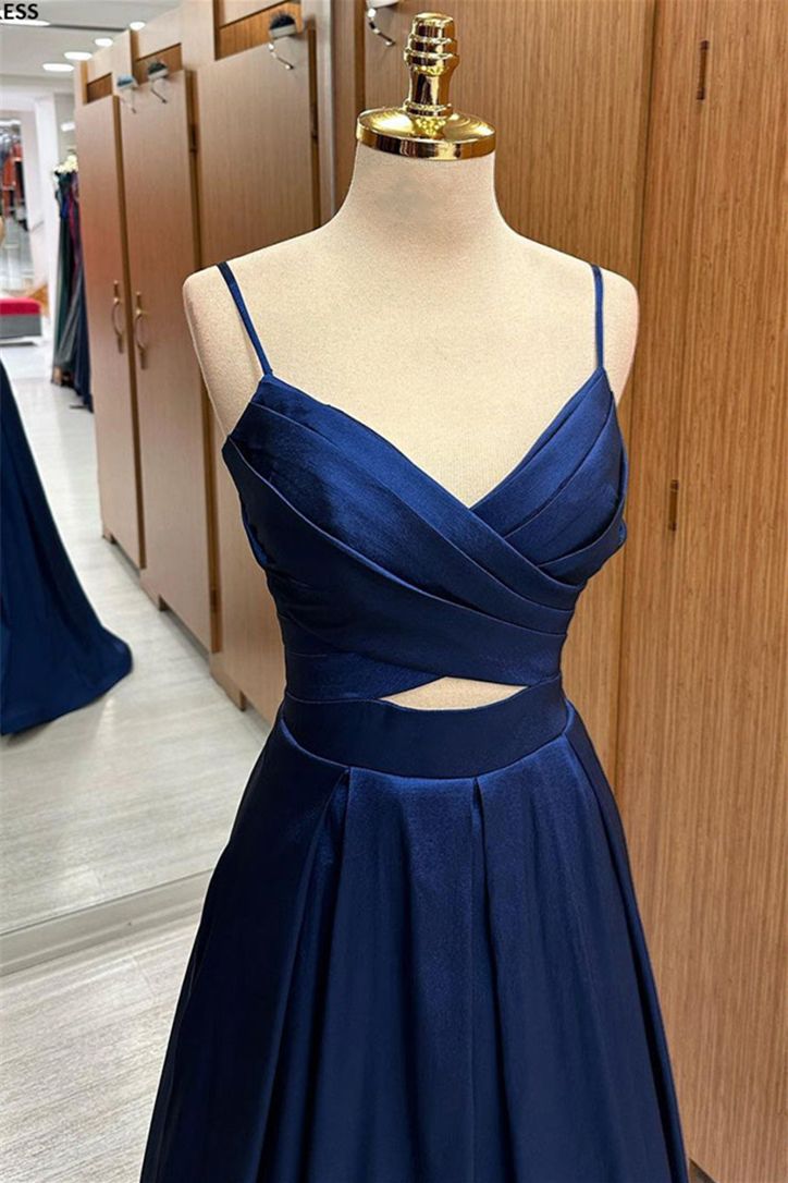 Pleated Straps Cut-Out Satin Long Prom Dress fg4855