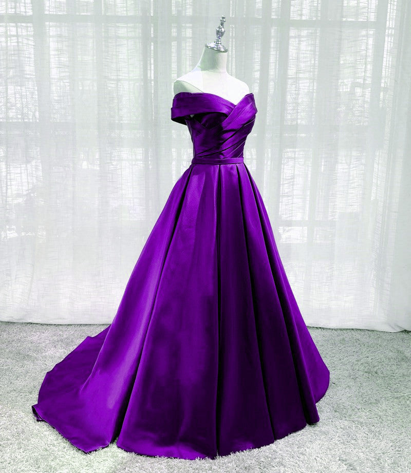 Purple Satin Off Shoulder Long Evening Dress Prom Dress, Purple A-line Party Dresses fg4593