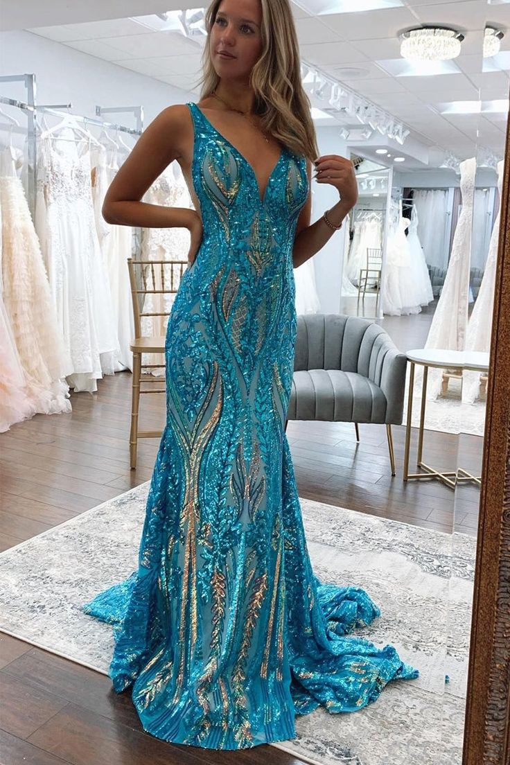 Sparkly Mermaid Deep V Neck Blue & Gold Sequins Lace Long Prom Dresses fg4611