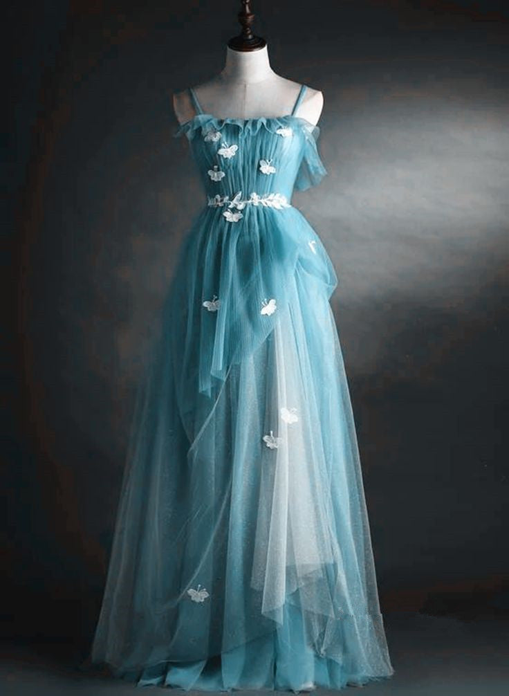A-Line Blue Tulle Straps Long Formal Dress, Blue Long Evening Dress Prom Dress fg4877