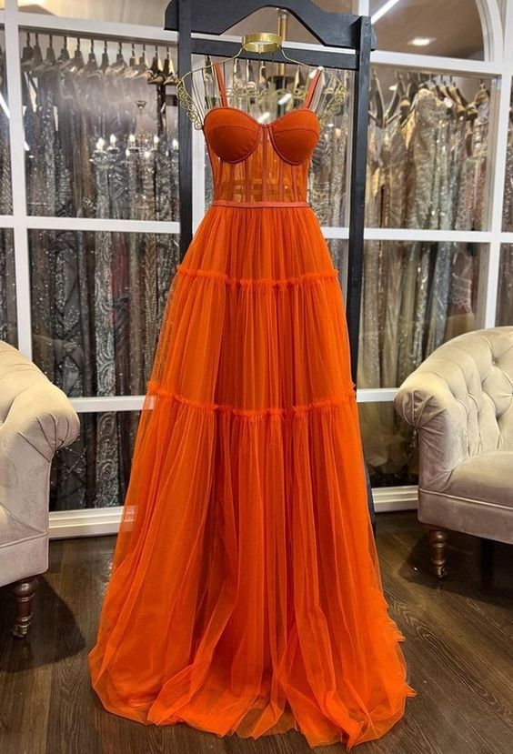A-line Burnt Orange Spaghetti Straps Modest Formal Long Women Evening Prom Dresses fg4779