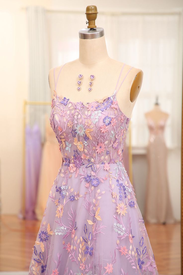 A-Line Tulle Lace Up Long Prom Dress With Appliques And Split fg5027