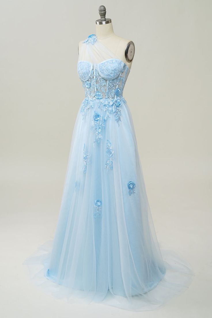 A Line One Shoulder Sky Blue Long Prom Dress with Appliques fg4713