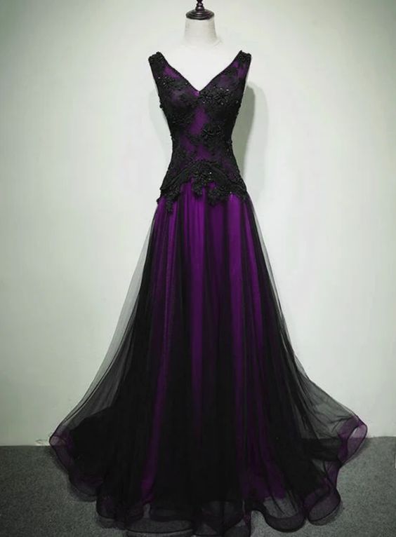 A-line Black and Purple Tulle V-neckline Beaded Prom Dress, Black Tulle Formal Dress fg4932