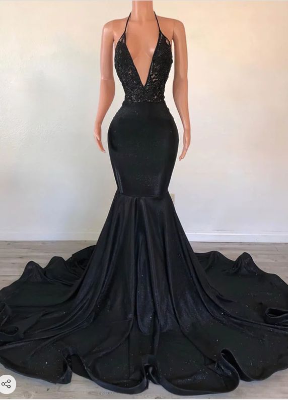 Black V Neck Trumpet/mermaid Halter Evening Dress Glitter Sweep Train Appliques Lace Prom Dresses fg5190