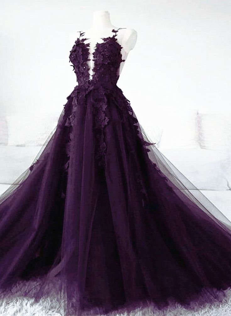 Dark Purple Tulle With Lace Applique Long Wedding Party Dress, Purple Formal Dress fg4935
