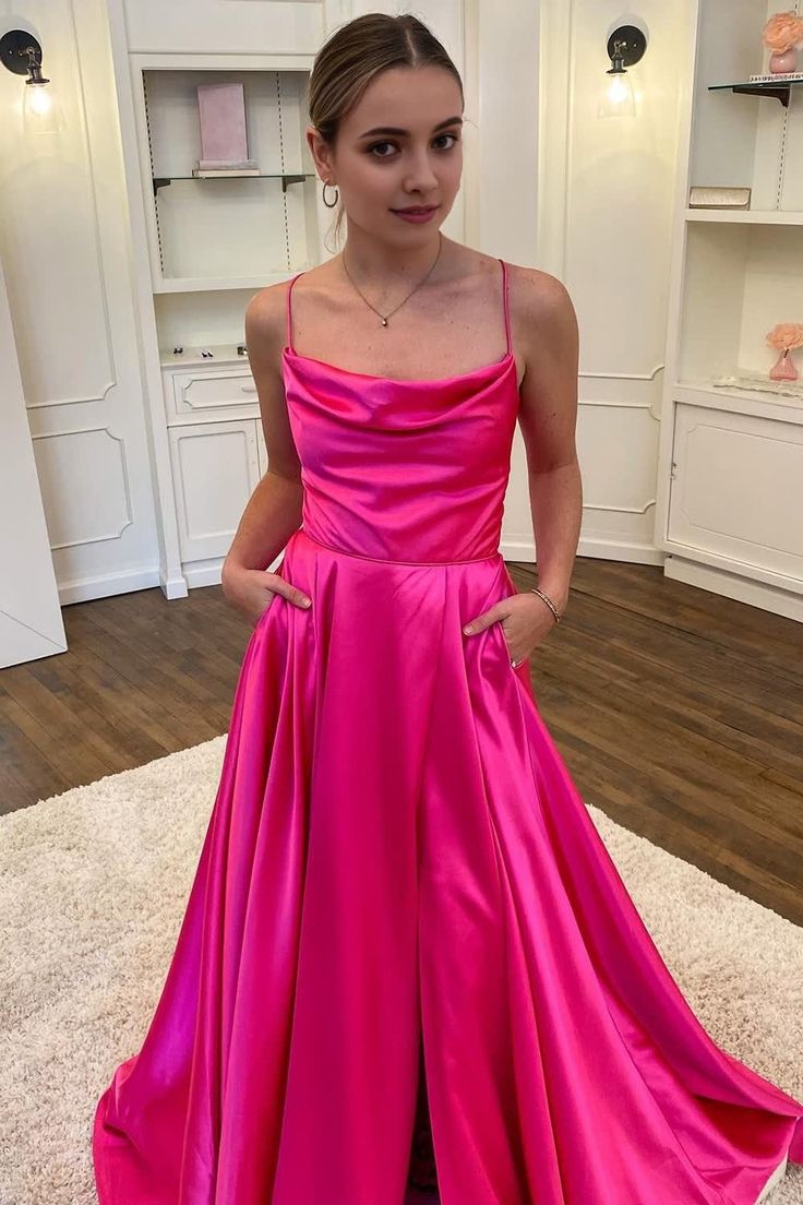 A Line Spaghetti Straps Hot Pink Long Prom Dress with Split Front Evening Dresses fg4958