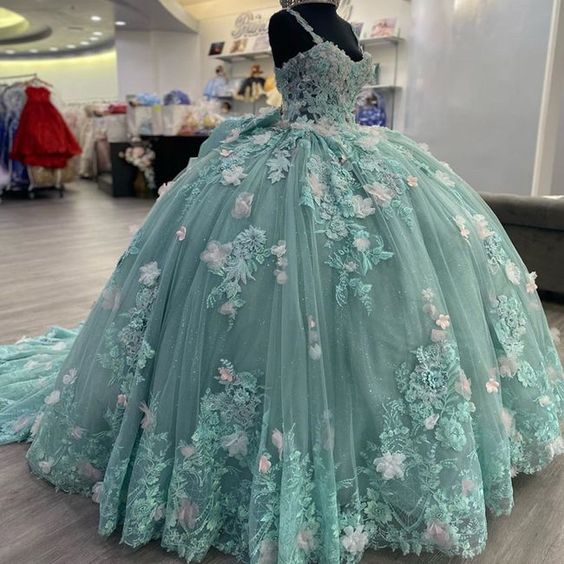 Green Princess Ball Gown Quinceanera Dresses With Bow Appliques Sweet 16 Dress Vestidos De 15 anos fg4586