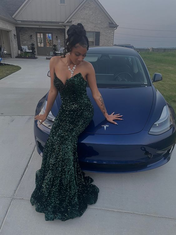 Sparkly Dark Green Sequins Mermaid Long Prom Dresses fg5258