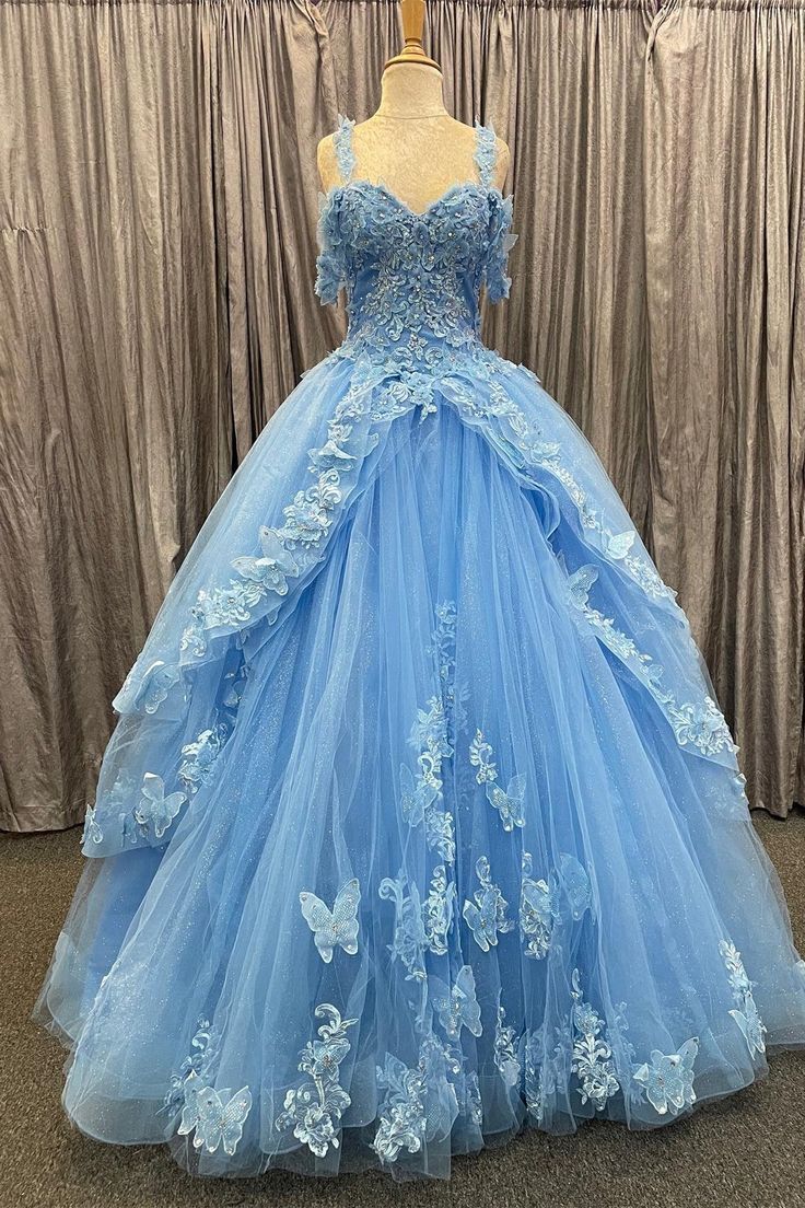 Blue Tulle Sweetheart Multi-Layer Ball Gown with 3D Floral Lace Prom Gown fg4649