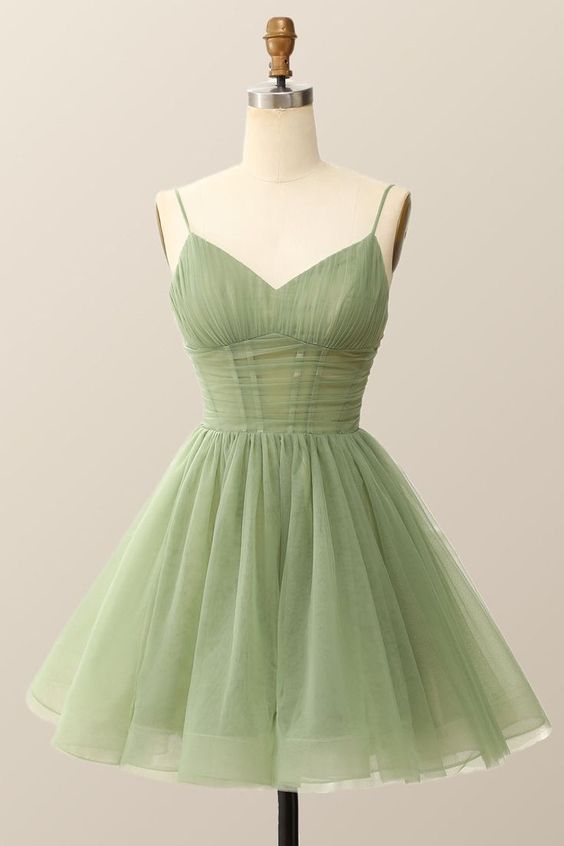 A Line Spaghetti Straps V Neck Short Above Knee Tulle Homecoming Dress fg4555