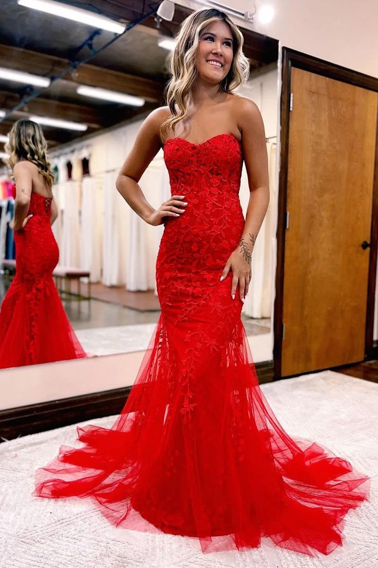 Cute Mermaid Sweetheart Lace Long Prom Dresses fg4698