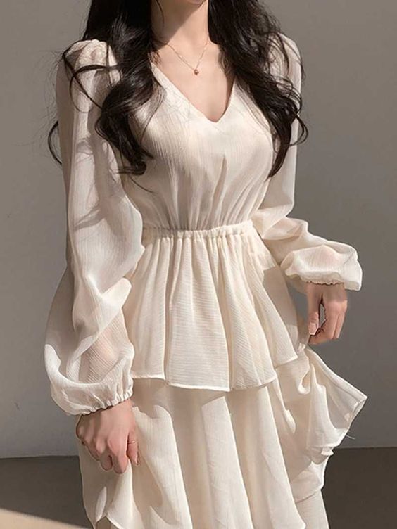 Freizeitkleider V-Ausschnitt Lagen Rüschen Laterne Langarm Kuchenkleid fg4753