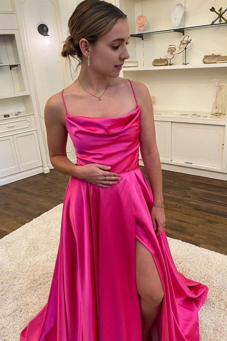 A Line Spaghetti Straps Hot Pink Long Prom Dress with Split Front Evening Dresses fg4958