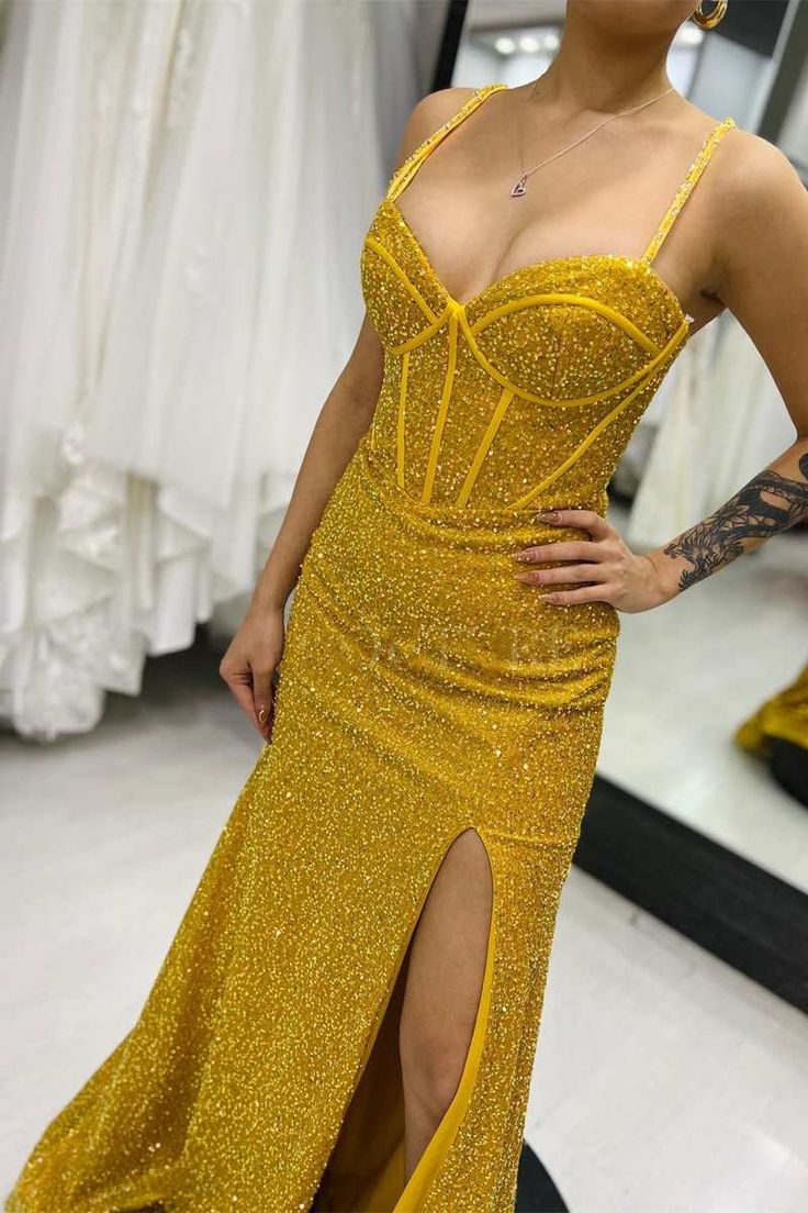 Sparkle Yellow Mermaid Long Evening Prom Dress fg4785