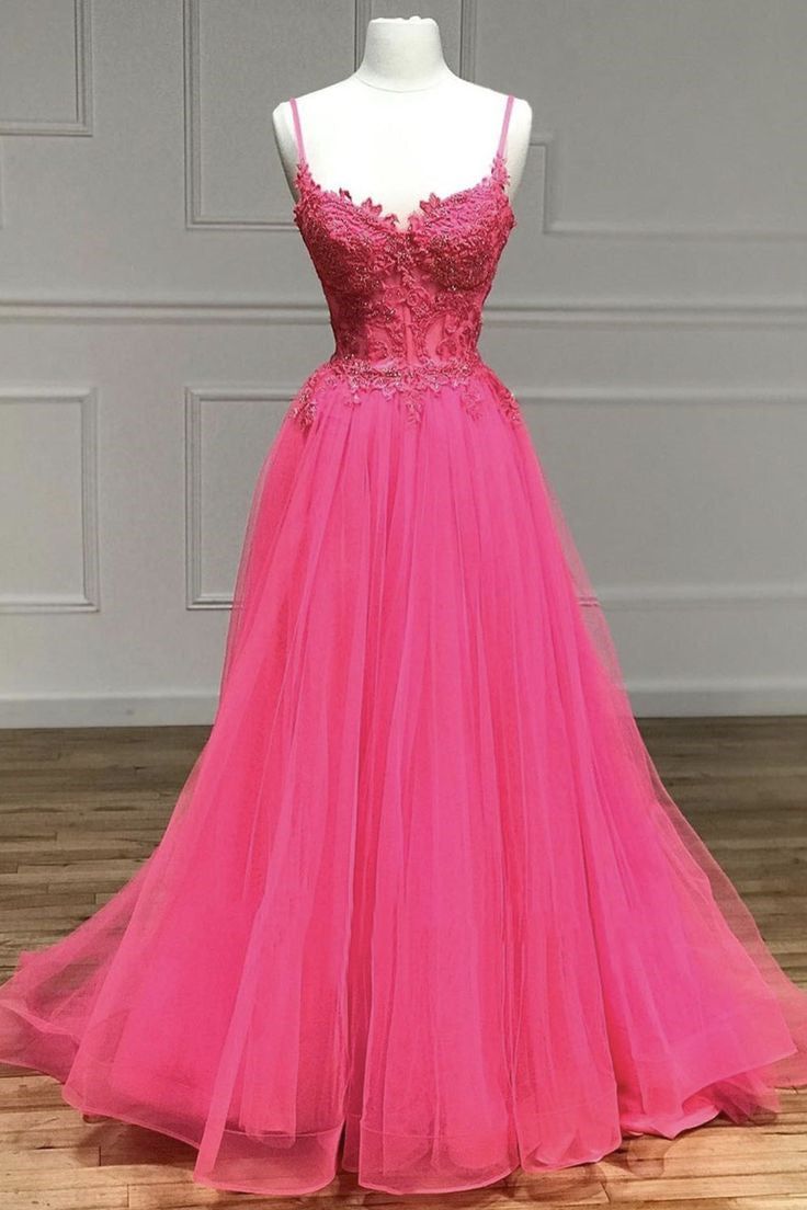Hot Pink Floral Spaghetti Straps A-line Long Prom Dress fg4804