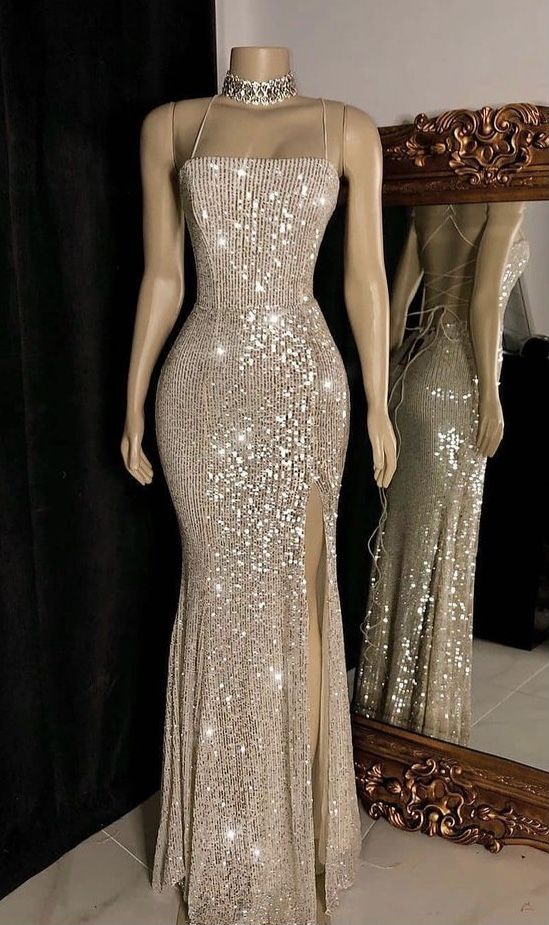 Sexy Sequin Spaghetti Straps Sleeveless Lace Up Back Side Slit Mermaid Long Prom Dresses fg4944