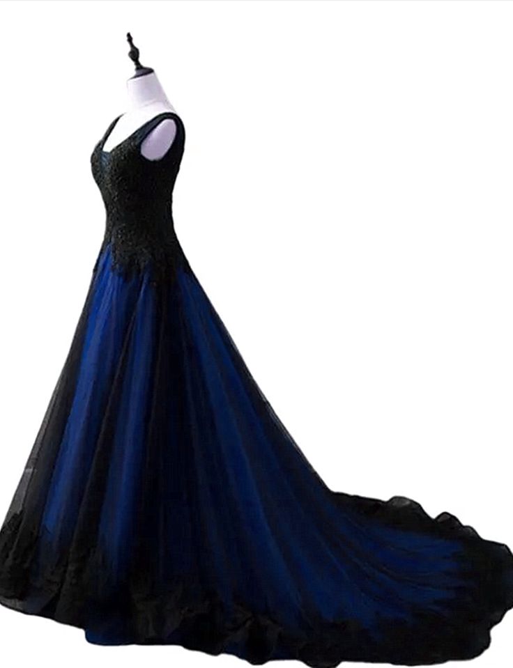 Black and Blue V-neckline Lace Applique Long Formal Dress, Black and Blue Prom Dress fg5072