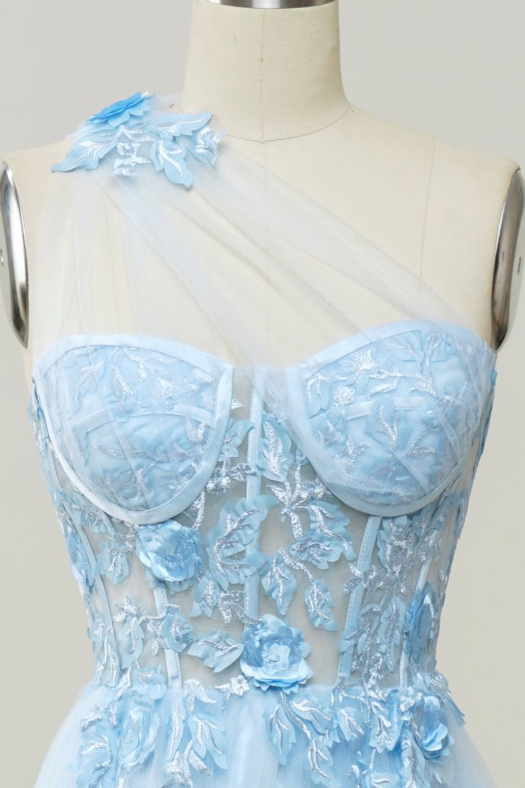 A Line One Shoulder Sky Blue Long Prom Dress with Appliques fg4713