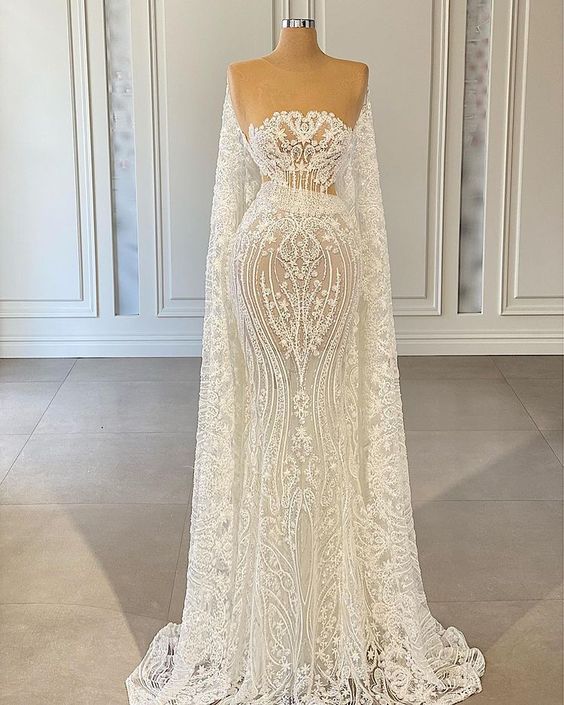 Ivory lace Mermaid Prom Dresses Party Gowns Wedding Dress(Lining inside, will not be see through) fg4568