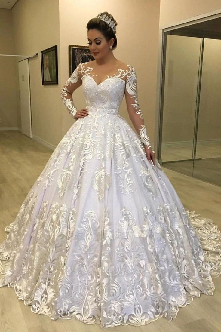 Princess Lace Appliques Ball Gown Long Sleeves Wedding Dresses fg4672