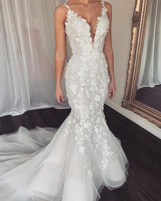 Gorgeous Mermaid Wedding Dresses 3D Floral Appliqued Sweep Train Country Bridal Gowns fg4600