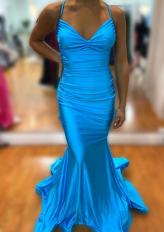 Trumpet/Mermaid V Neck Sleeveless Sweep Train Prom Dress With Pleated fg4726