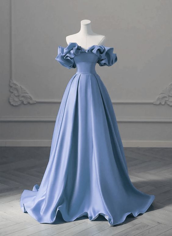 Unique Blue Satin Long Off Shoulder Party Dress, Simple Blue Prom Dress fg4969