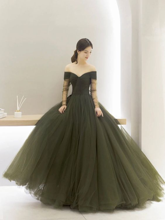 Green Tulle Long A-Line Prom Dress, Off the Shoulder Long Sleeve Tulle Party Dress fg5227