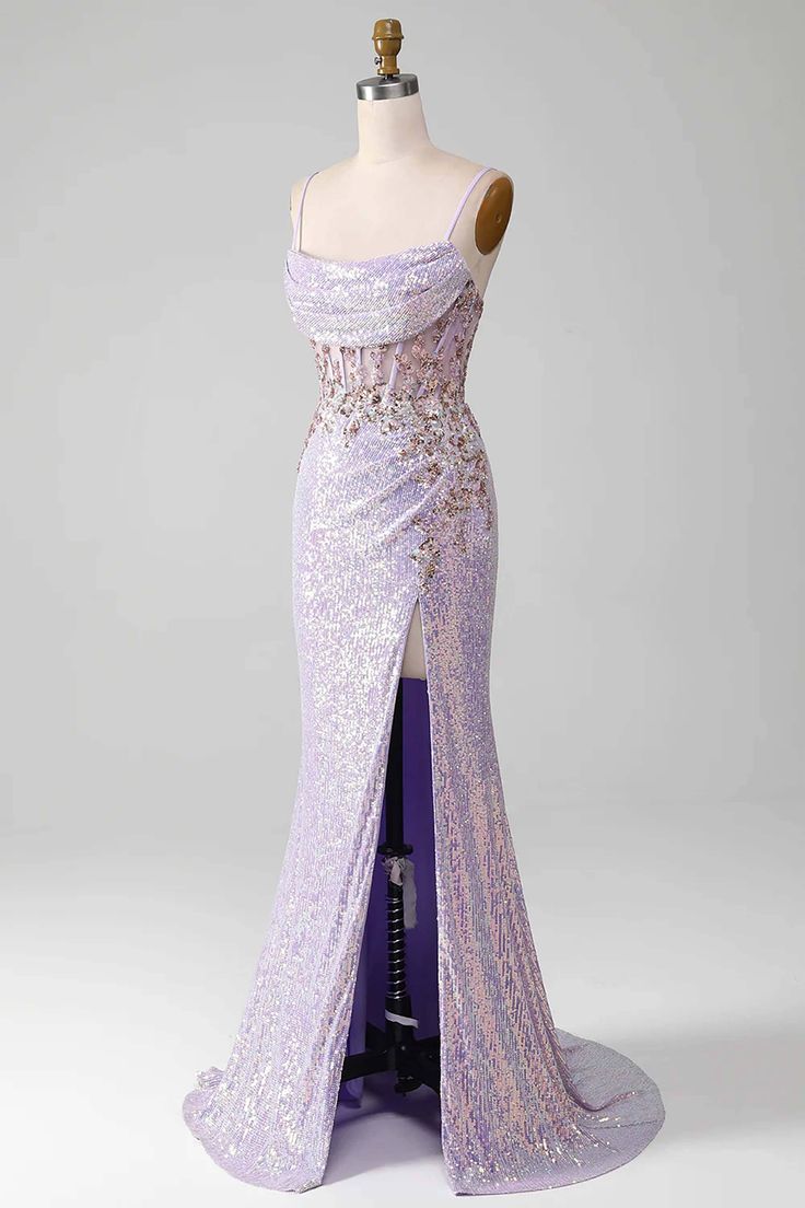 Women Spaghetti Straps Purple Prom Dress, Mermaid Evening Gown with Slit, Handmade Sparkle Party Dress, Custom Formal Evening Dress fg5034