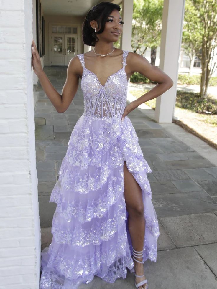 Lilac Sequin Lace Ruffles Prom Dress Split Evening Gown fg5109