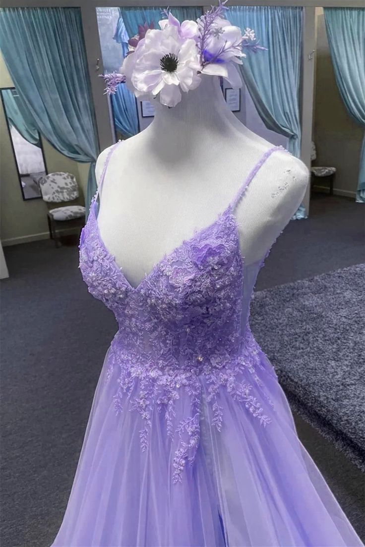 Light Purple A-line Tulle with Lace Prom Dress, Light Purple Long Evening Dress fg5415