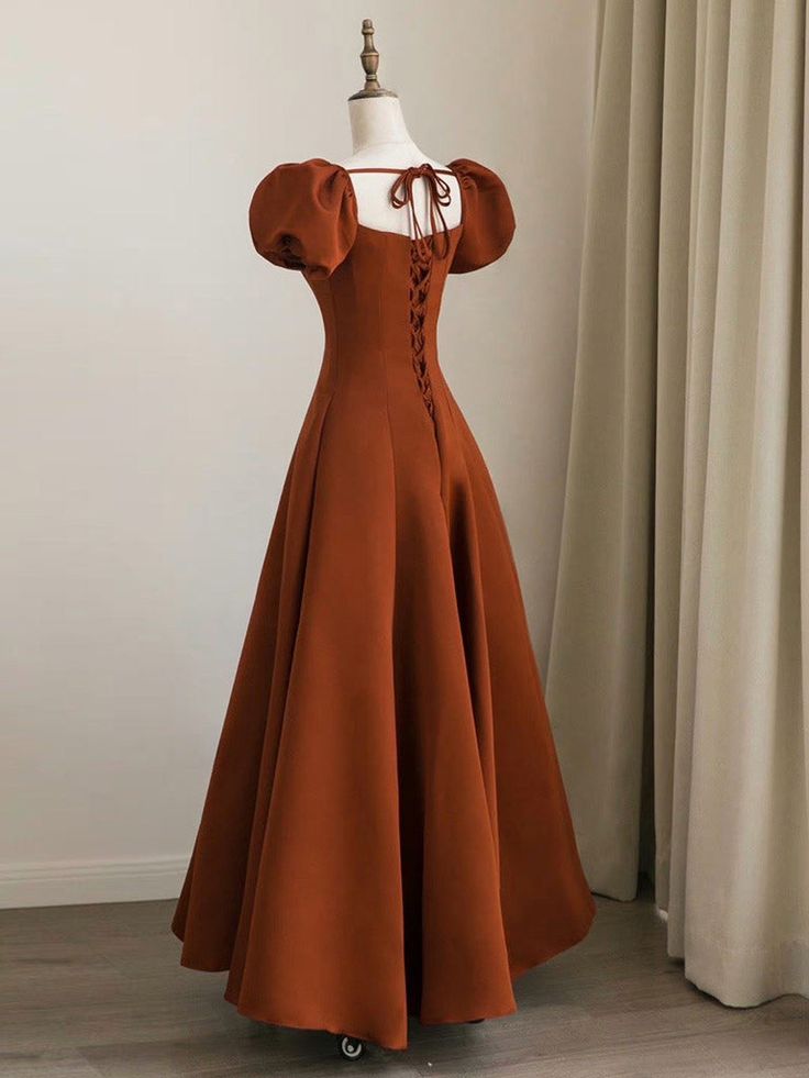 A-Line Puff Sleeves Satin Long Prom Dress, Long Evening Dresses fg4406