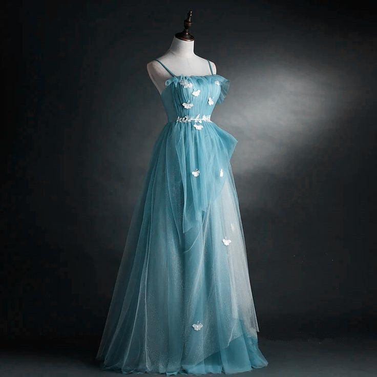 A-Line Blue Tulle Straps Long Formal Dress, Blue Long Evening Dress Prom Dress fg4877