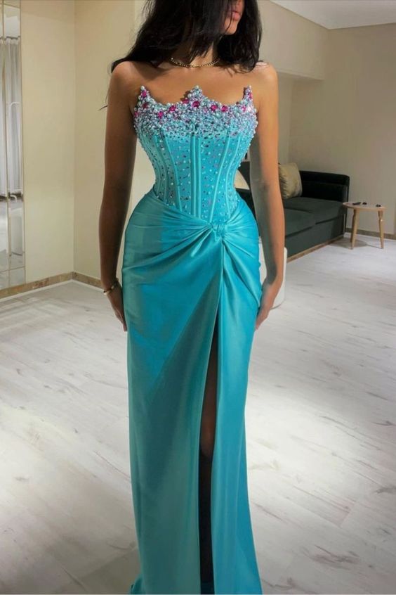 Luxury Crystal Mermaid Evening Dresses Sparkle Satin Crown Beaded Formal Party Prom Dresses fg5170