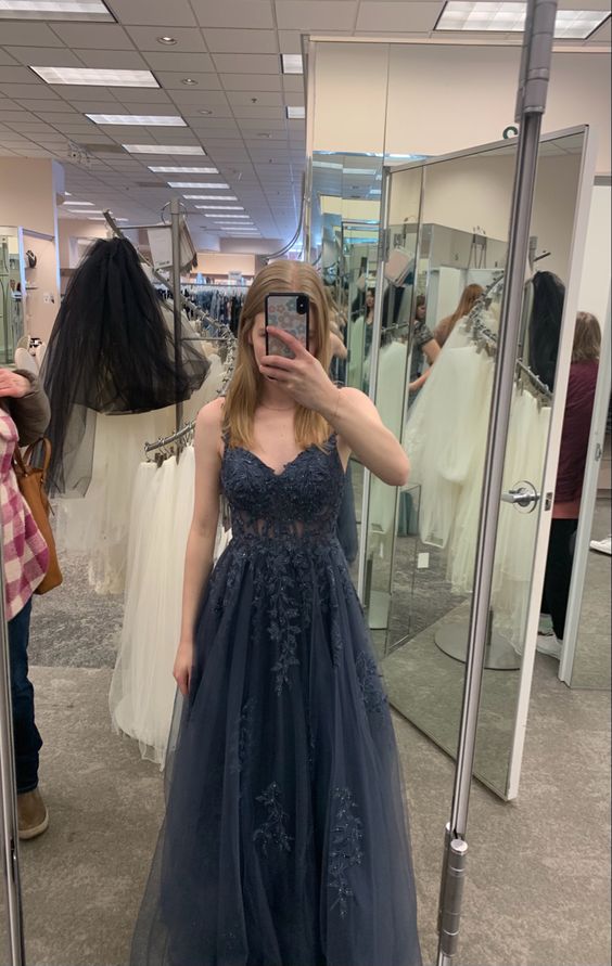 Dark gray v neck tulle lace long prom dress, tulle formal dress fg4478