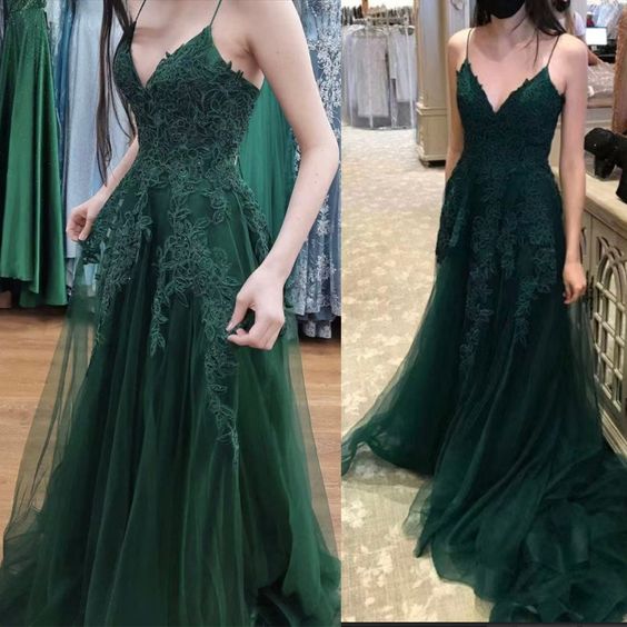 A-Line Emerald Green Lace V Neck Long Prom Dresses Formal Evening Dresses fg4479