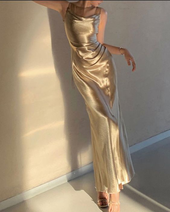Elegant Gold Satin Backless Mermaid Long Prom Dress Formal Party Dress fg5213