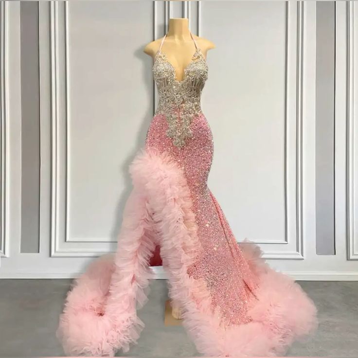 Pink Mermaid Prom Dress for Women 2024 Sparkly Black Girl Birthday Party Gown fg5126