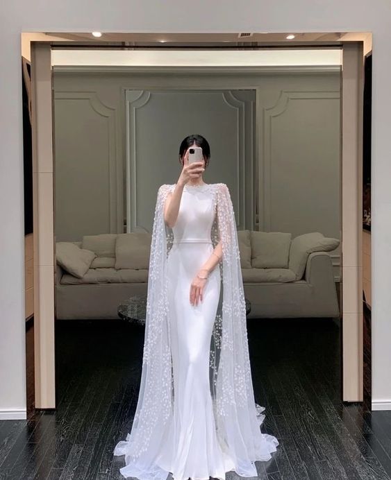 White Cape Elegant Formal Evening A-line Long Prom Dresses fg4782