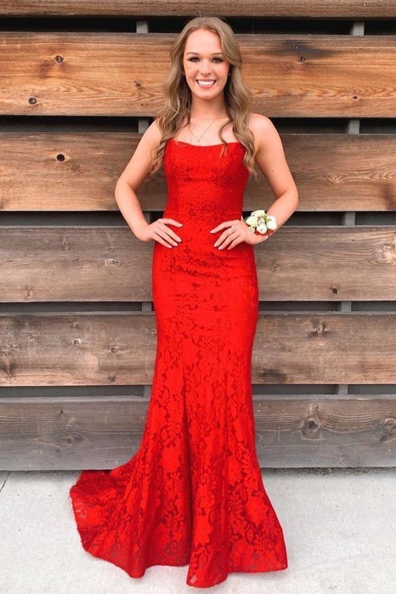 Red Elegant Dress Women Long Prom Dress Mermaid Lace Long Prom Dress fg4906