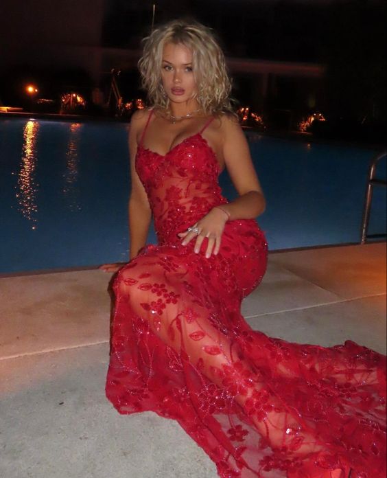 Spaghetti Straps Birthday Party Dresses Red Lace Prom Dresses fg4831