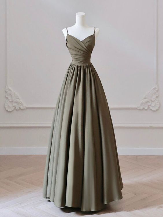 A-Line V Neck Satin Olive Green Long Prom Dress, Olive Green Long Formal Dress fg4938