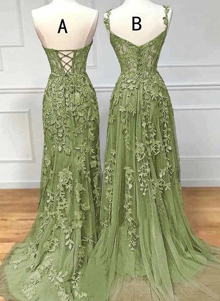 Jolie robe longue de soirée en tulle vert sauge avec dentelle, décolleté en cœur, fg4487