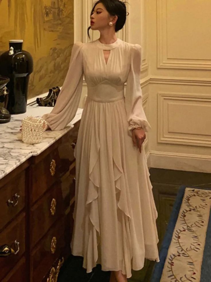 Elegant Ruffles Midi Dress Women Lantern Sleeve A-line Evening Party Prom Dresses fg5053