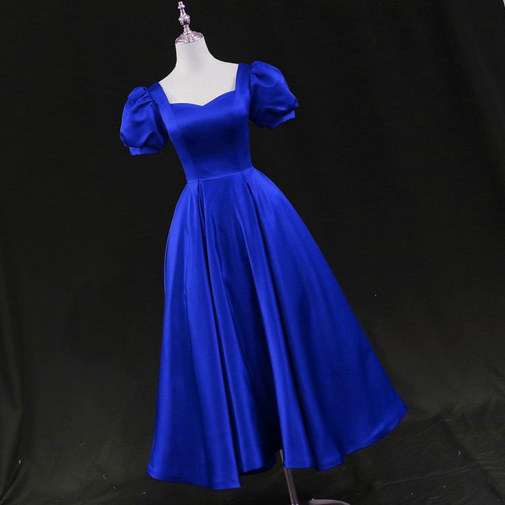 Satin Tea Length Wedding Party Dress, Blue Prom Homecoming Dress fg5230