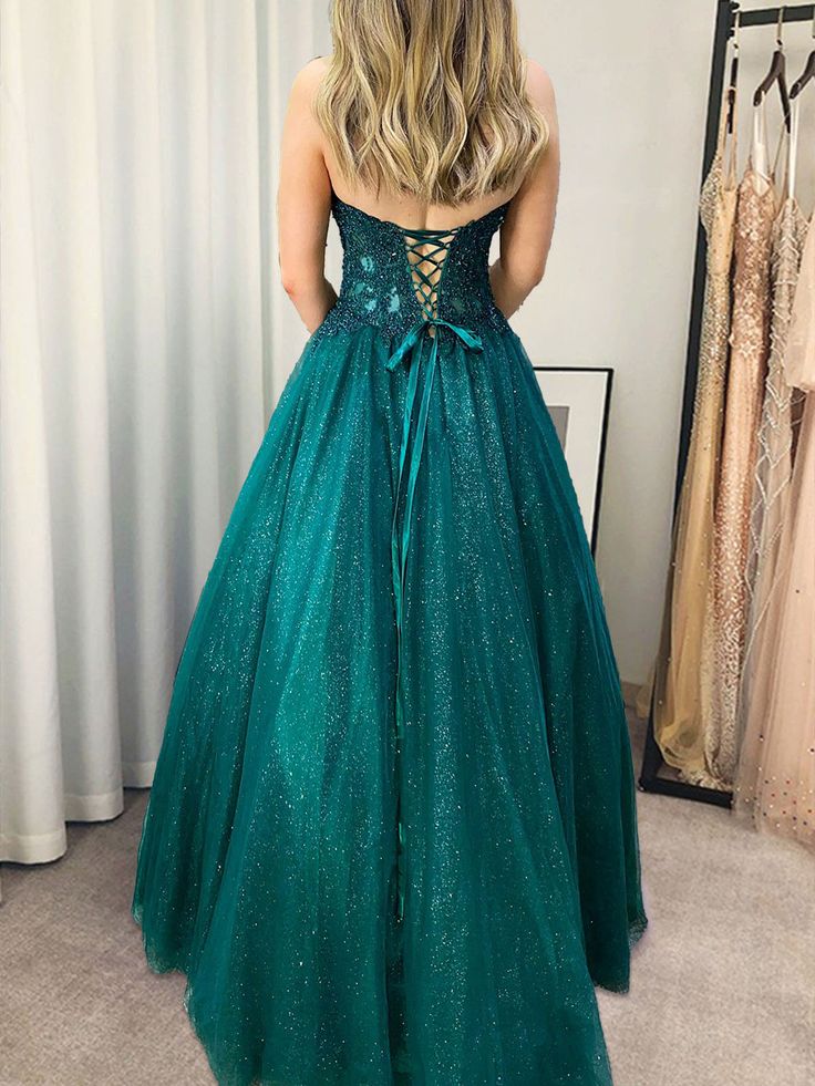 Strapless Green Lace Long Prom Dresses, Green Blue Long Lace Formal Evening Dresses fg4423
