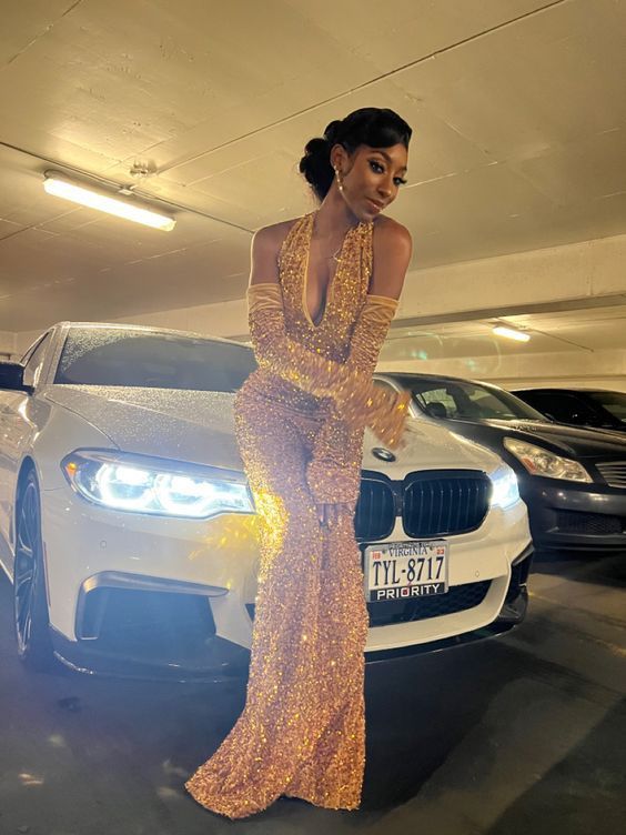 Deep V Neck Gold Sequins Mermaid Prom Dress fg5204