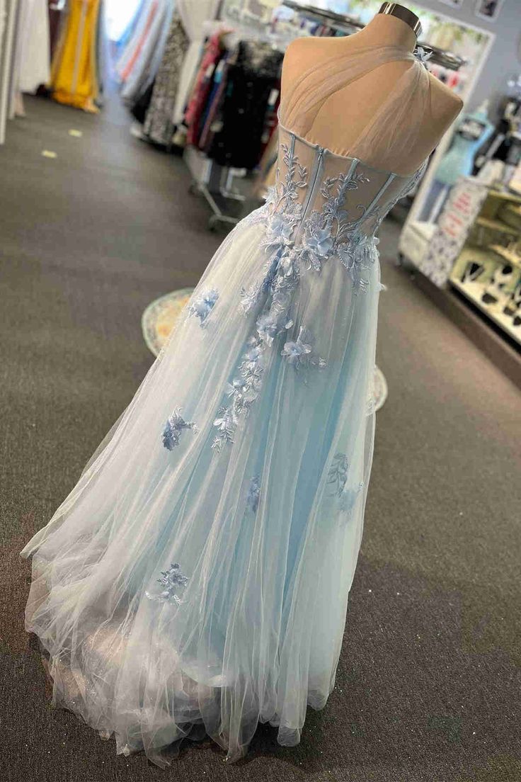 Sweetheart One Shoulder Blue Prom Dress with Flowers fg4501
